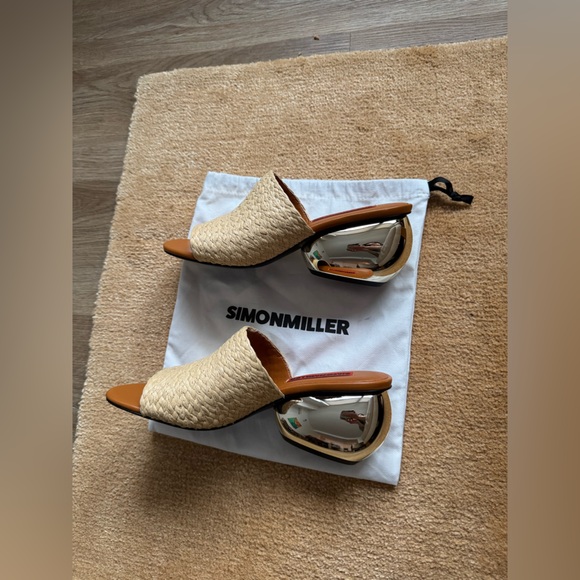 🌴NWOT SIMON MILLER BRAIDED RAFFIA MODERNO SANDAL IN GOLD/NATURAL - Picture 6 of 9